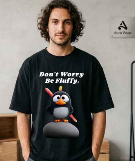 Don't Worry Be Fluffy Penguin Graphic Oversized T-Shirt