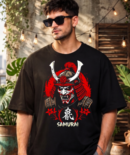 Red Samurai Warrior Graphic Oversized T-Shirt